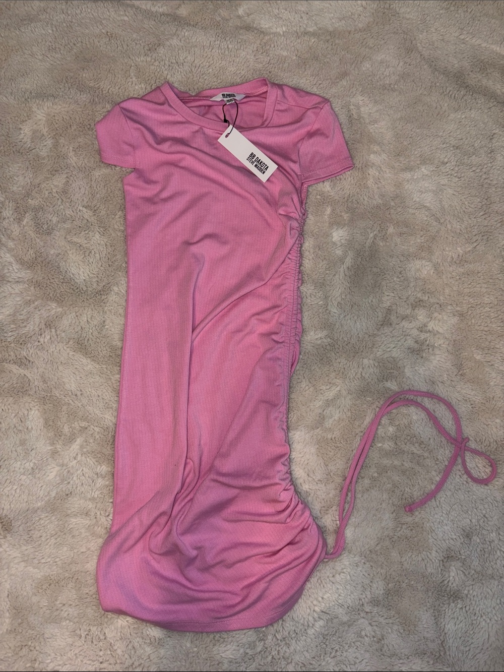 BB Dakota Pink Ribbed Midi Dress with Side Ruched Tie